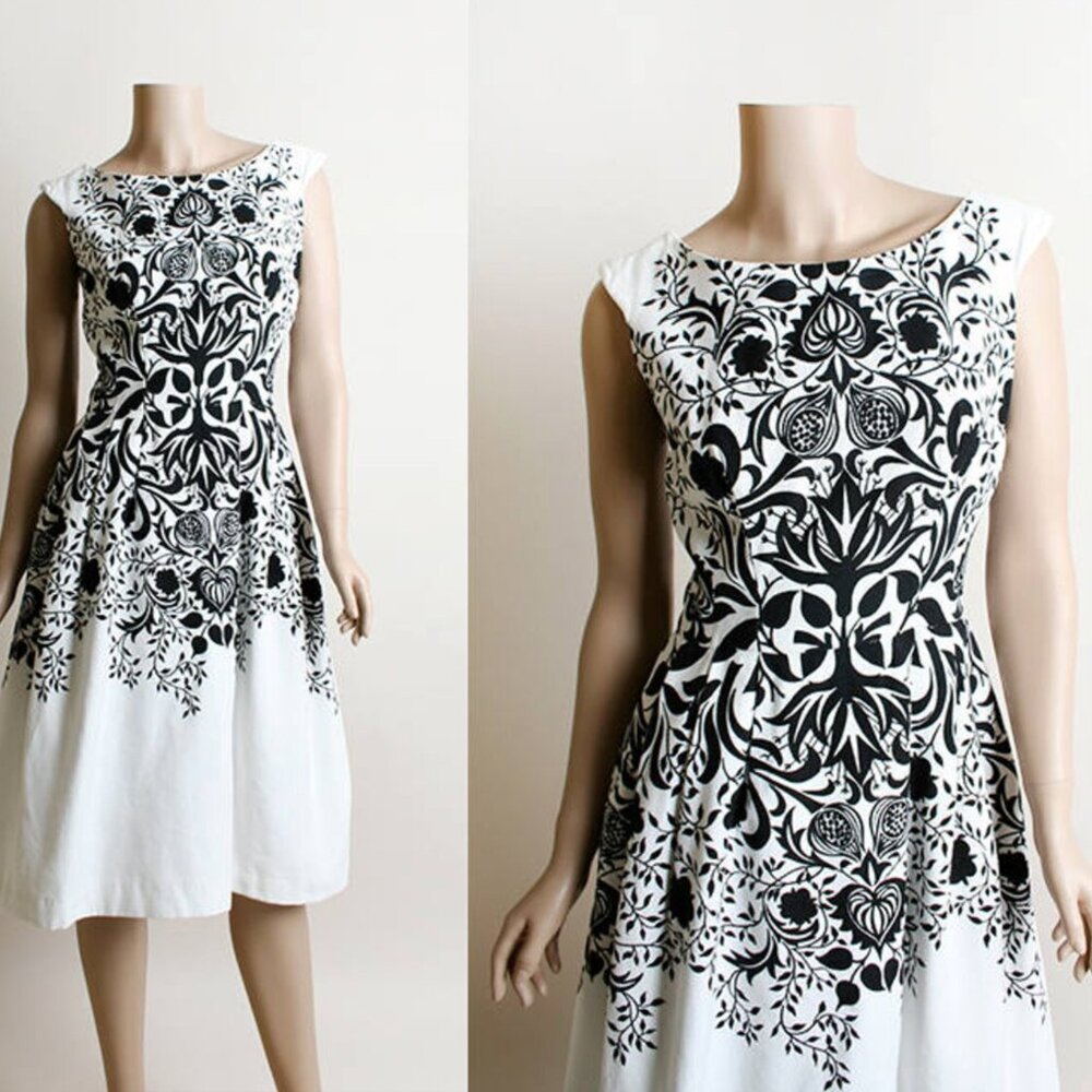 Vintage 1950s Black White Floral Heart Abstract Print Cotton Dress 50s 60s S